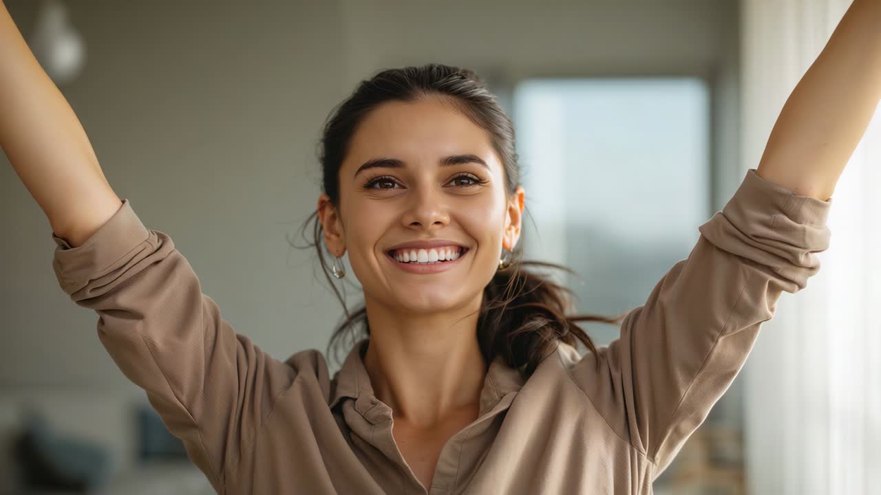 Stretching woman in tan shirt smiling broadly raising arms and lowering gaze in living room, window