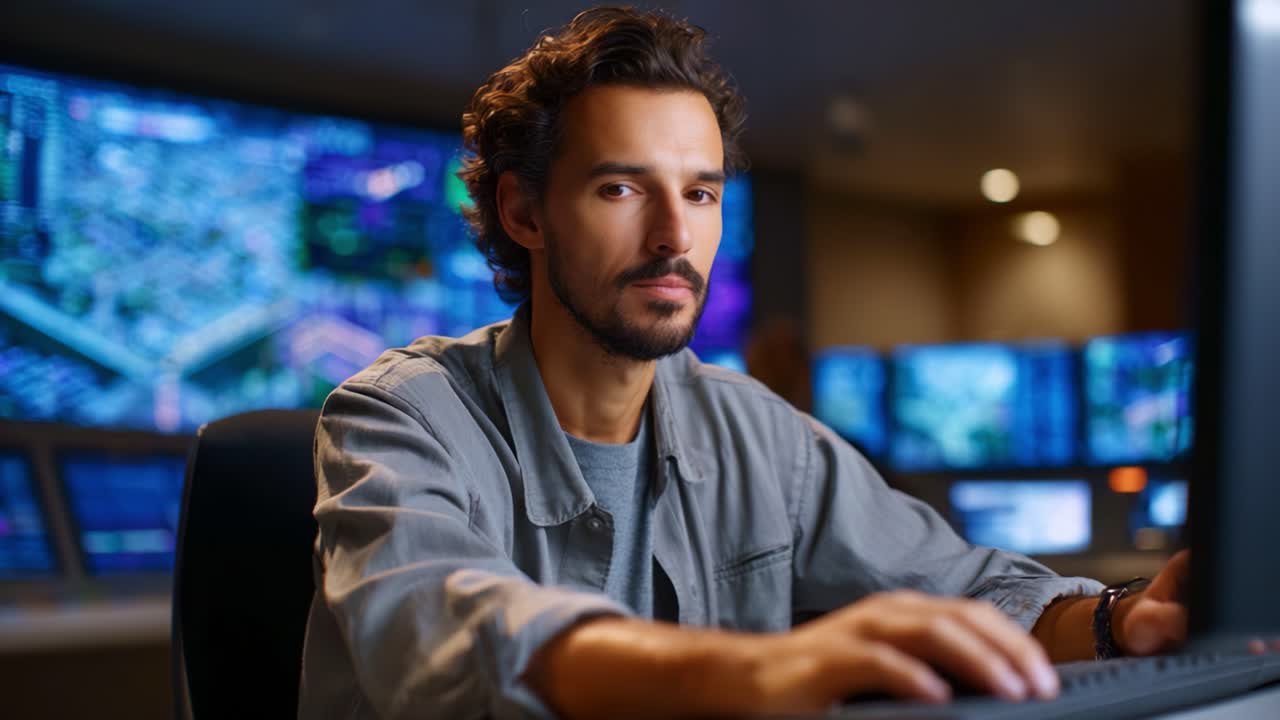 Operatore concentrato intento a svolgere un lavoro di precisione in un centro di controllo high-tech con display avanzati e tecnologia sullo sfondo