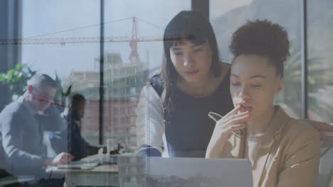animation of diverse business people in office over cityscape