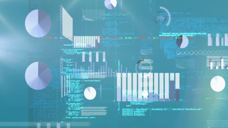 Animation of financial data processing on blue background