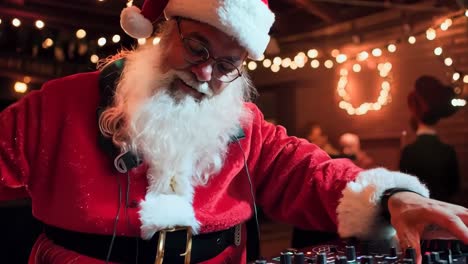 a man dressed as santa claus playing a dj set at a party