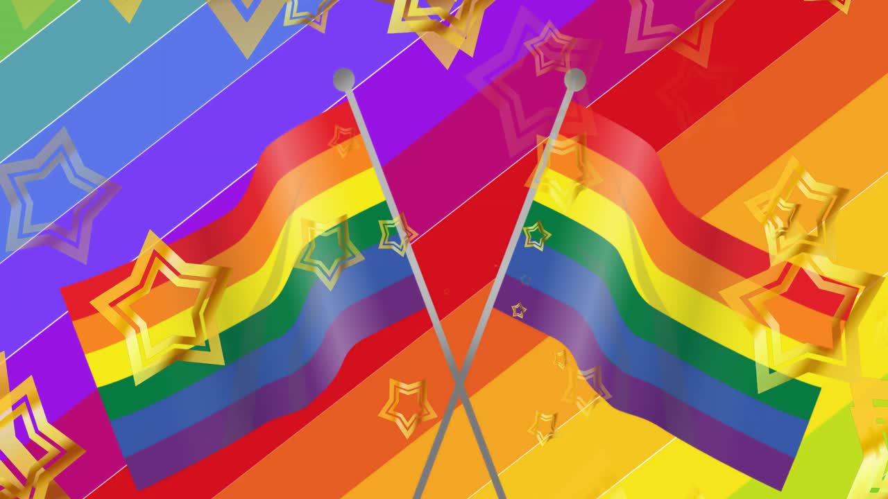 animación de estrellas sobre banderas de arco iris en fondo de arco iris