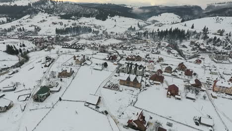 Winter village and chair lift. Aerial view