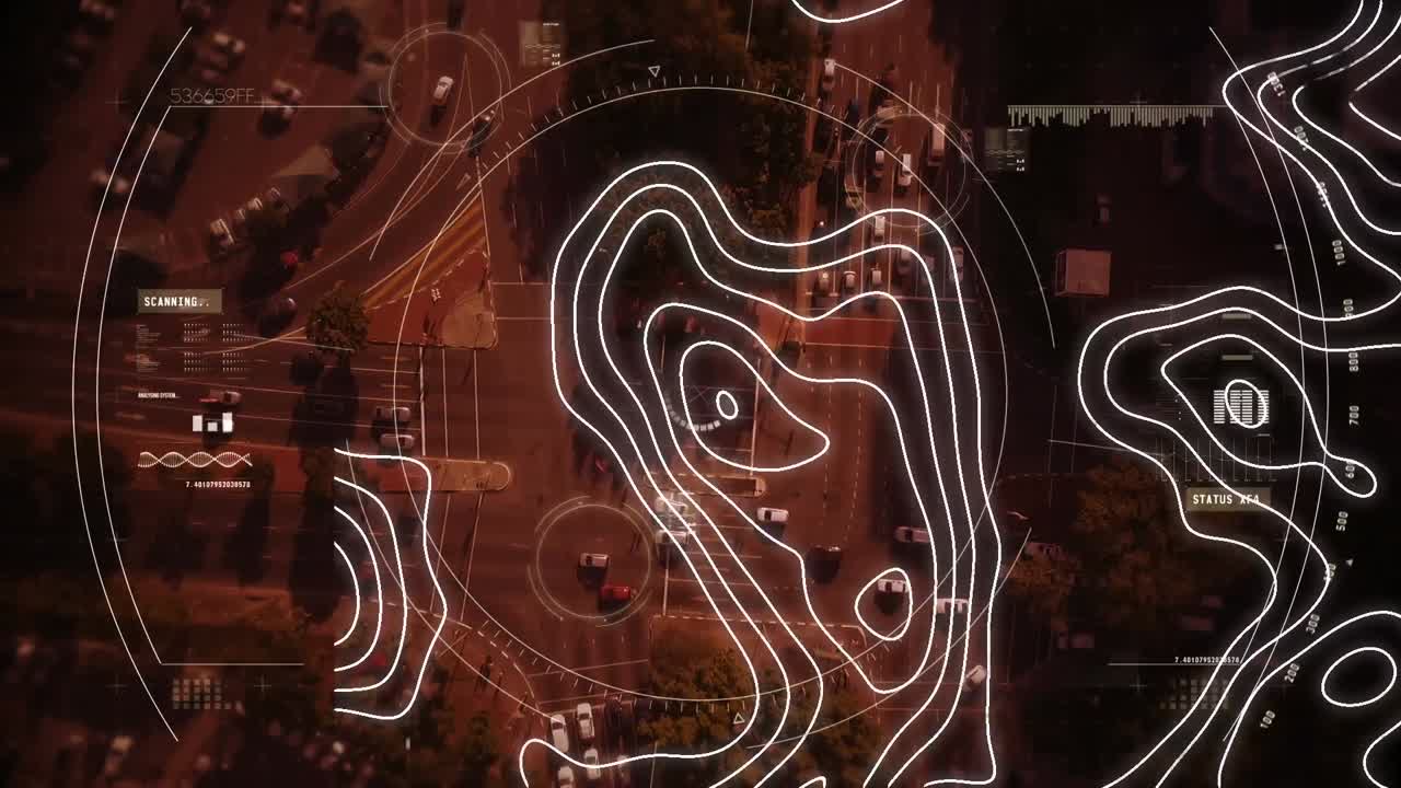 도시 풍경 위에 움직이는 범위 스캐닝과  ⁇  선의 애니메이션