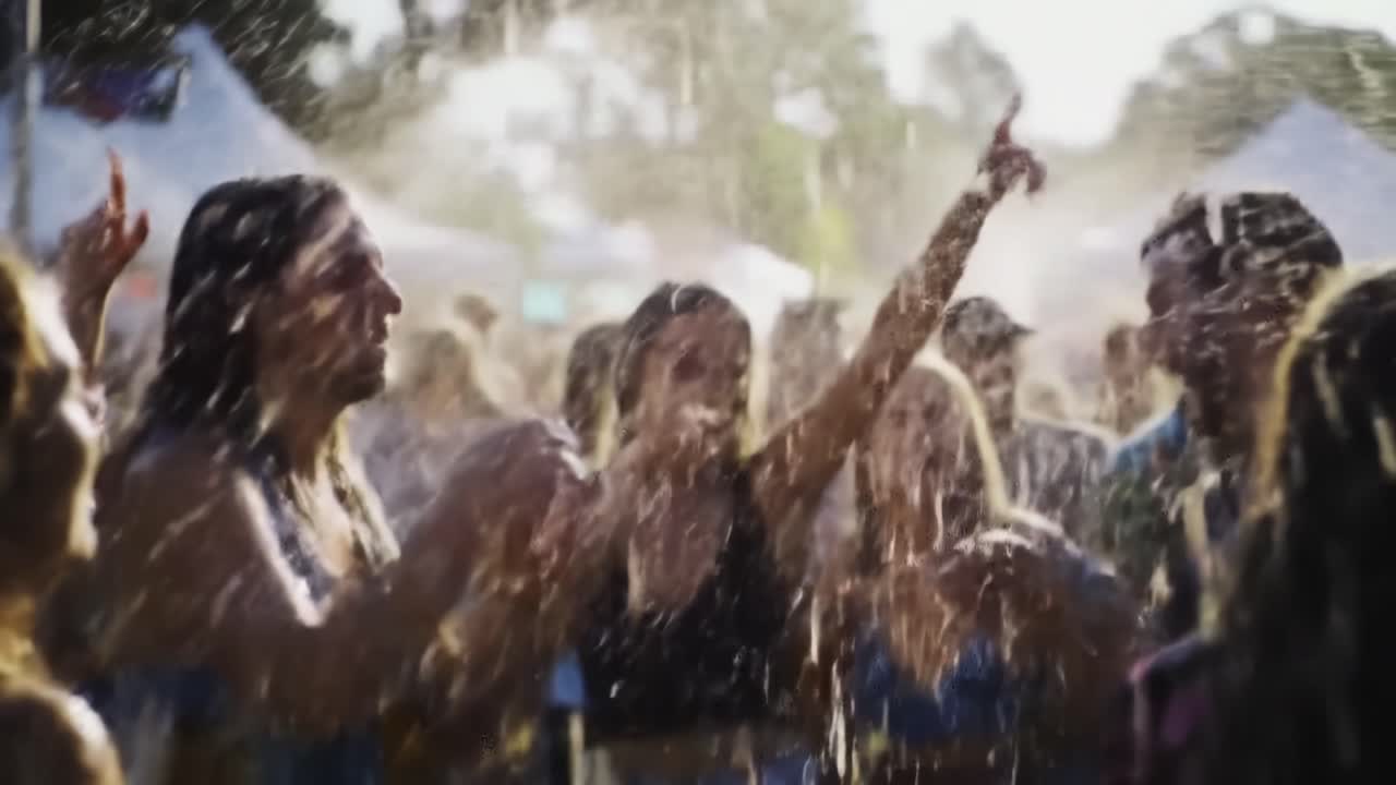 Joyful Celebration in the Spray of Water: A Vibrant Scene at a Summer Festival with Enthusiastic Crowd Enjoying Refreshing Moments