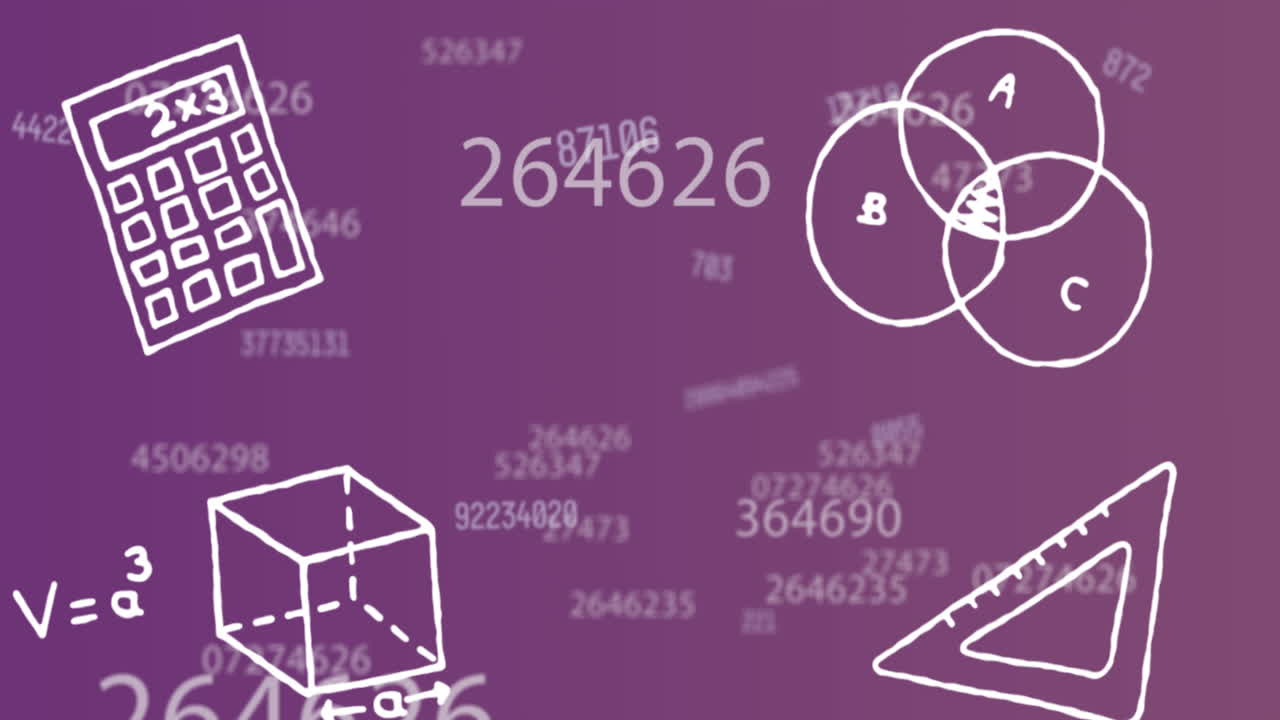 animación digital del icono del concepto geométrico contra múltiples números cambiantes en un fondo púrpura