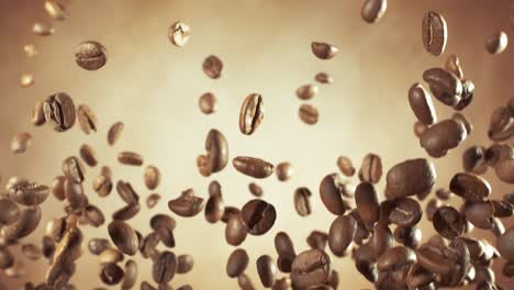 fragrant coffee beans soar in the frame. coffee beans shot on super slow motion camera 1000 fps