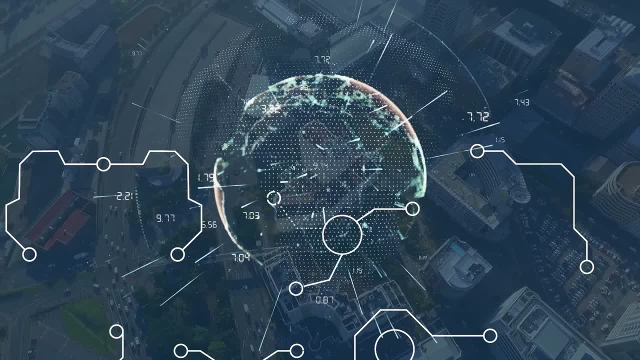 연결 네트워크와 도시 풍경 위의 지구의 애니메이션