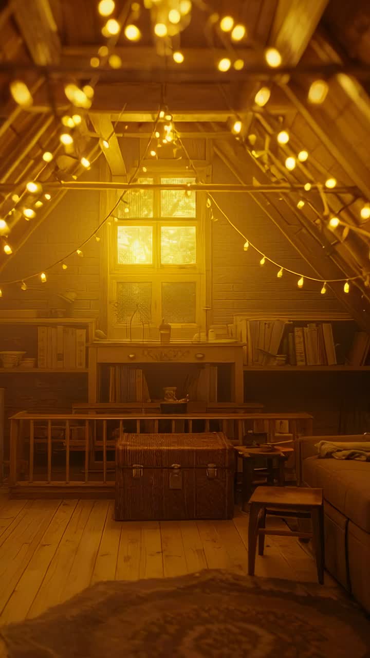 Vertical video: Pulling focus on softly lit attic loft, revealing string lights and desk by window
