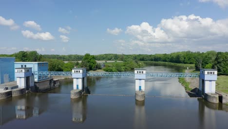 drone shot of small hydro power plant kostomlatky on czech labe river