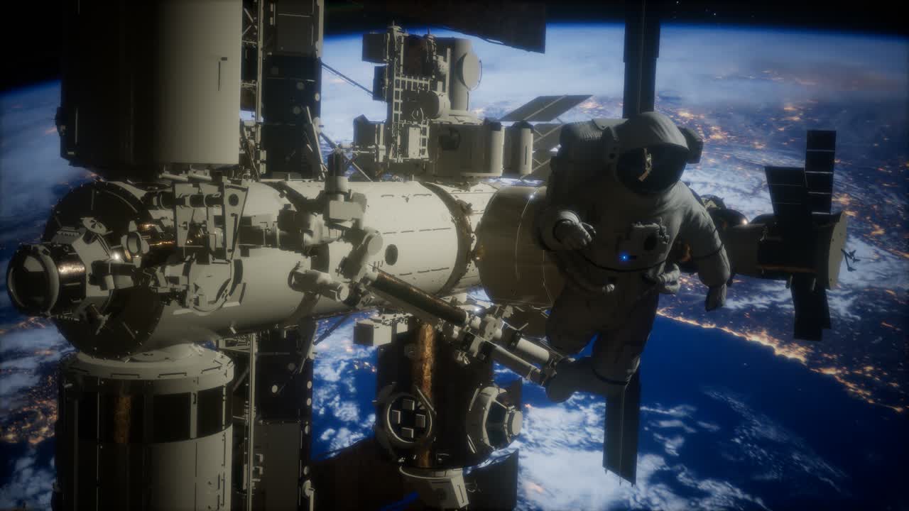 지구 위의 우주 공간에 있는 국제 우주 정거장과 우주 비행사