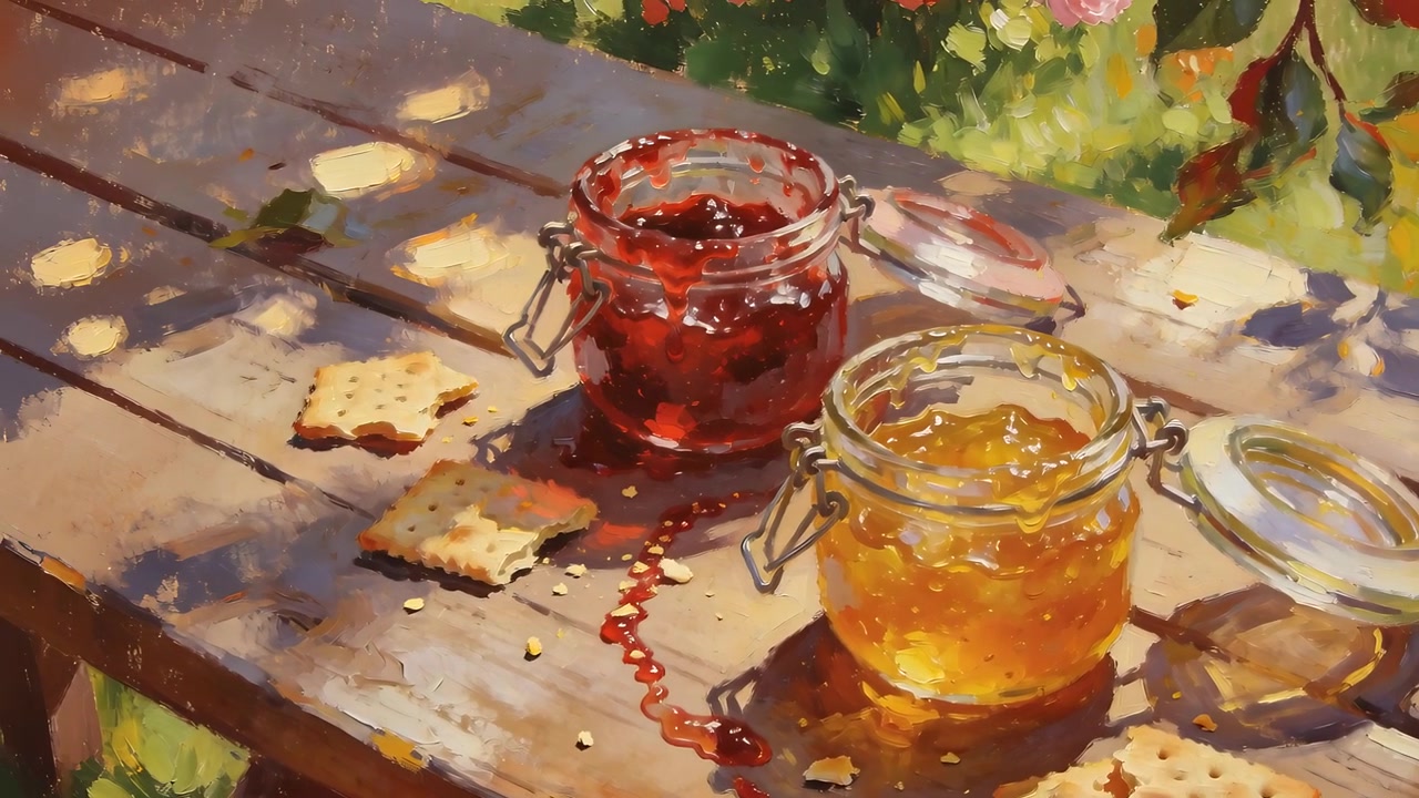 Shifting camera highlighting two jam jars on wooden table, showing red jam trail and crackers