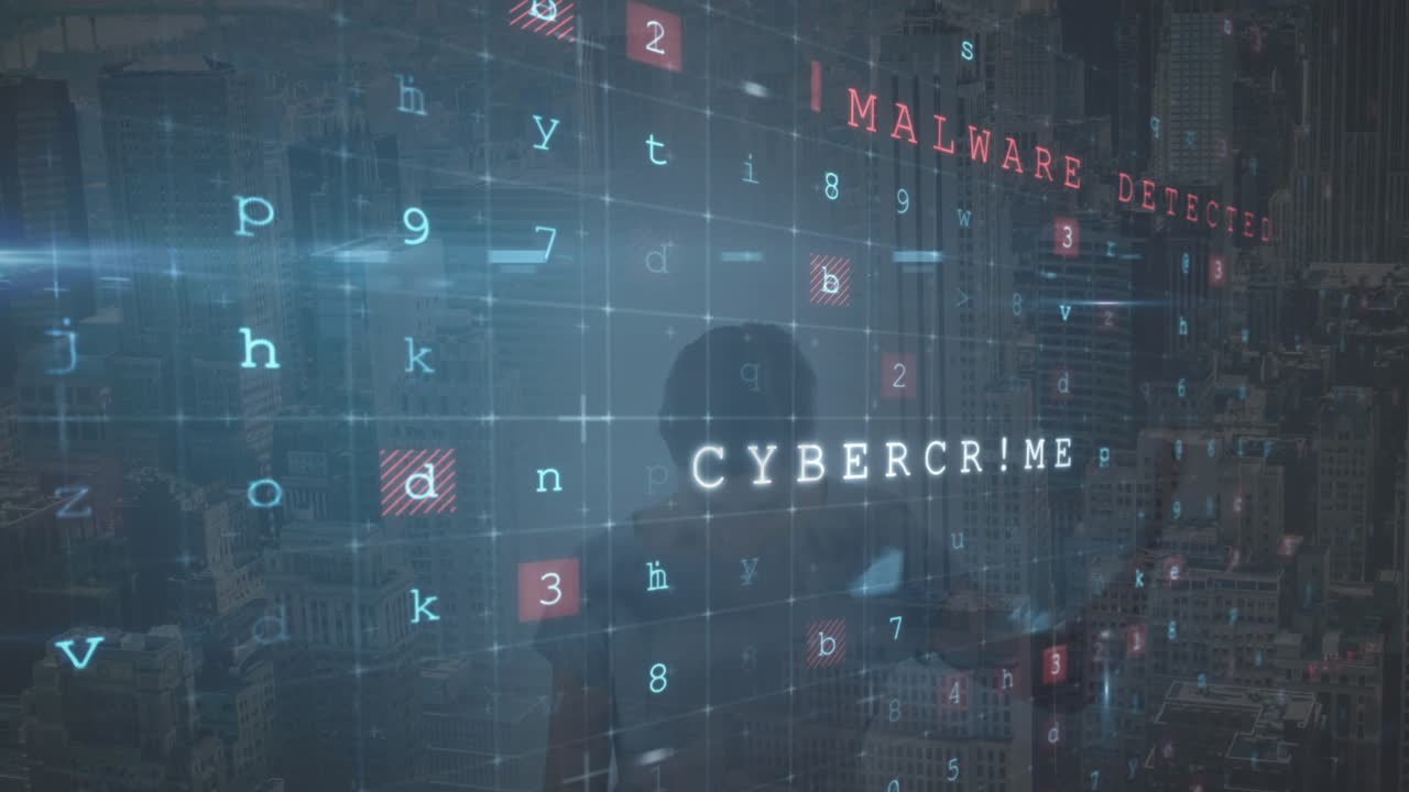 Animation of cyberattack warning and caucasian woman over cityscape