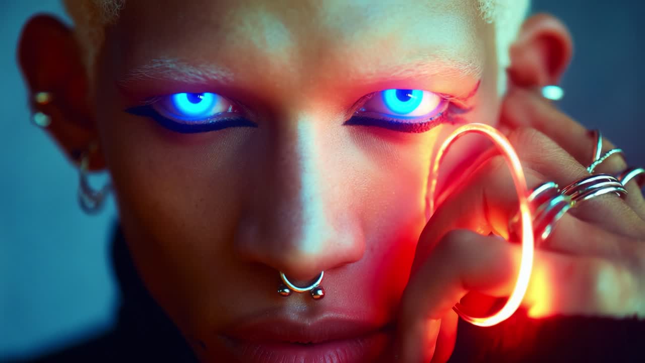 A striking close-up portrait showcasing a unique individual with bold eye makeup, distinct piercings, and luminous blue eyes, reflecting a fusion of artistry and contemporary style