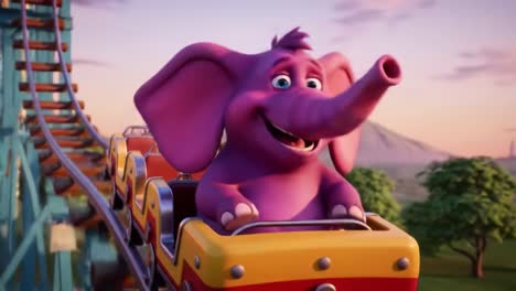 a joyful purple elephant enjoys a fun ride on a roller coaster, capturing the thrill of amusement park adventures and the delight of going fast