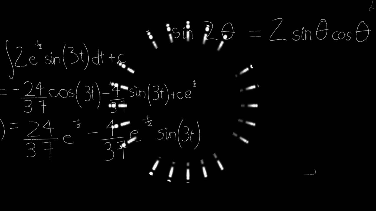 Circular pattern with mathematical equations and symbols on black background animation