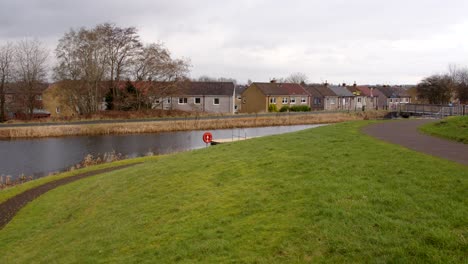 Extra-Wide-shot-of-the-Forth-and-Clyde-Canal-by-the-Entrance-to-the-Falkirk-wheel