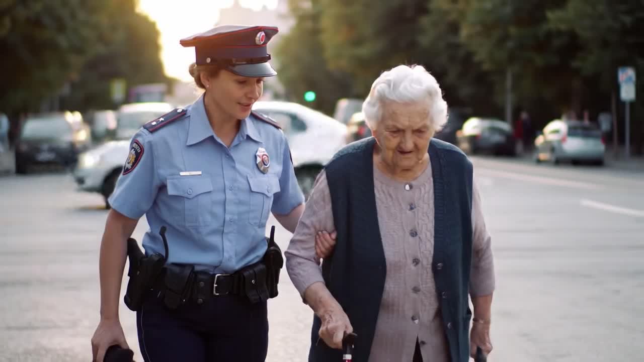 A community officer helps an elderly woman with a cane cross a bustling street. The scene highlights the importance of safety and kindness amid urban life.
