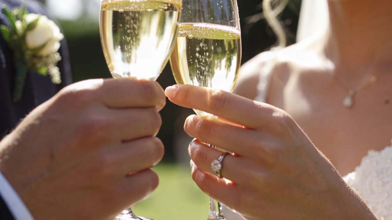 Alzando i calici, la sposa in pizzo e lo sposo in abito brindano con spumante sul prato, festeggiando il matrimonio.
