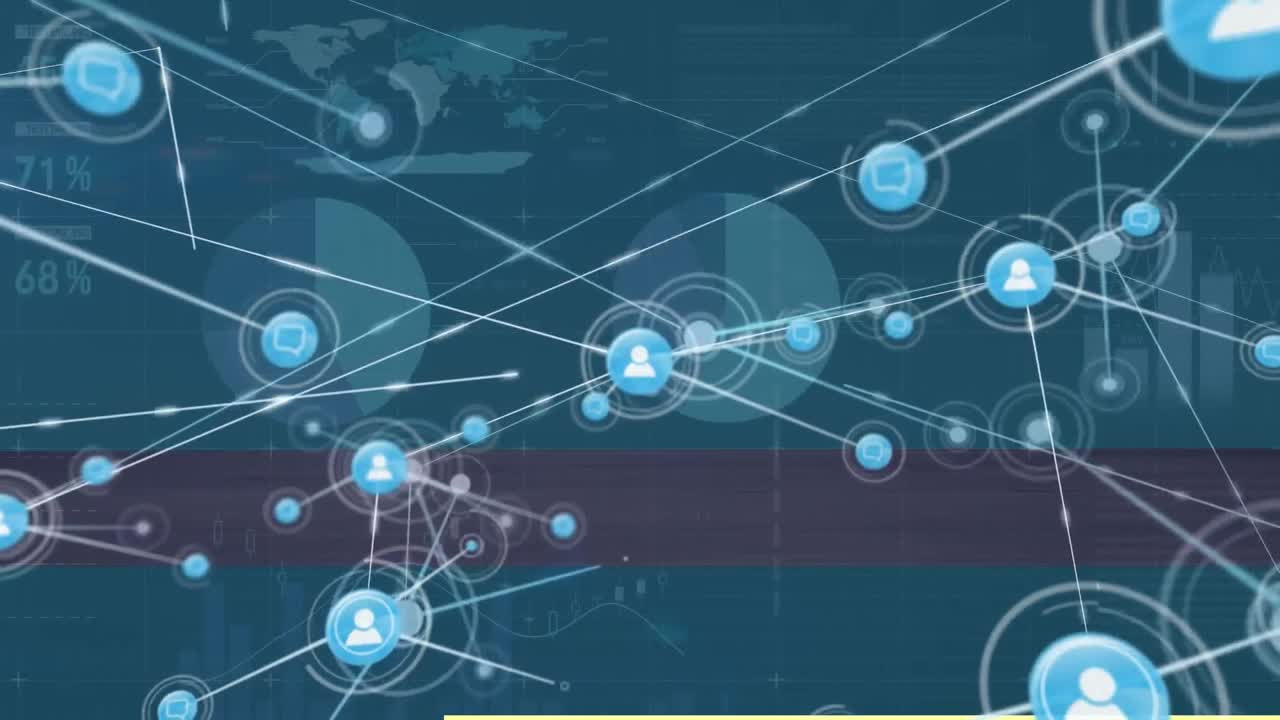 animación de la red de conexiones con iconos sobre la cuadrícula