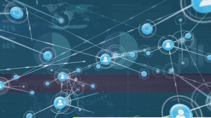 Animation of network of connections with icons over grid