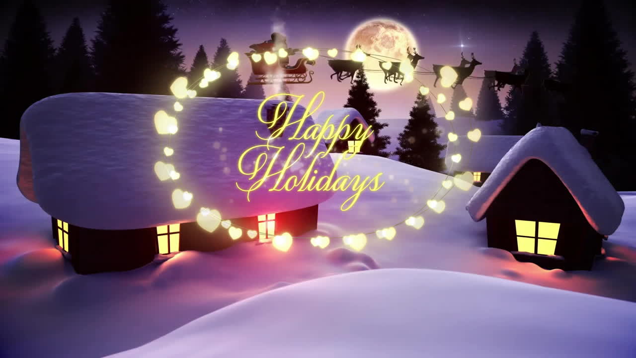 Happy Holidays text with reindeer silhouette against moonlit snow-covered cabins