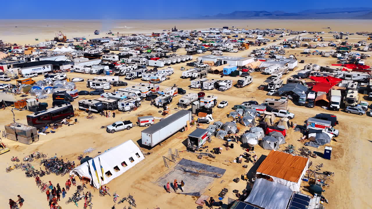 Nevada, USA, 22 August 2025: Burning Man desert camp with RVs and tents. Large aerial view of Burning Man desert camp filled with RVs, tents, people and installations