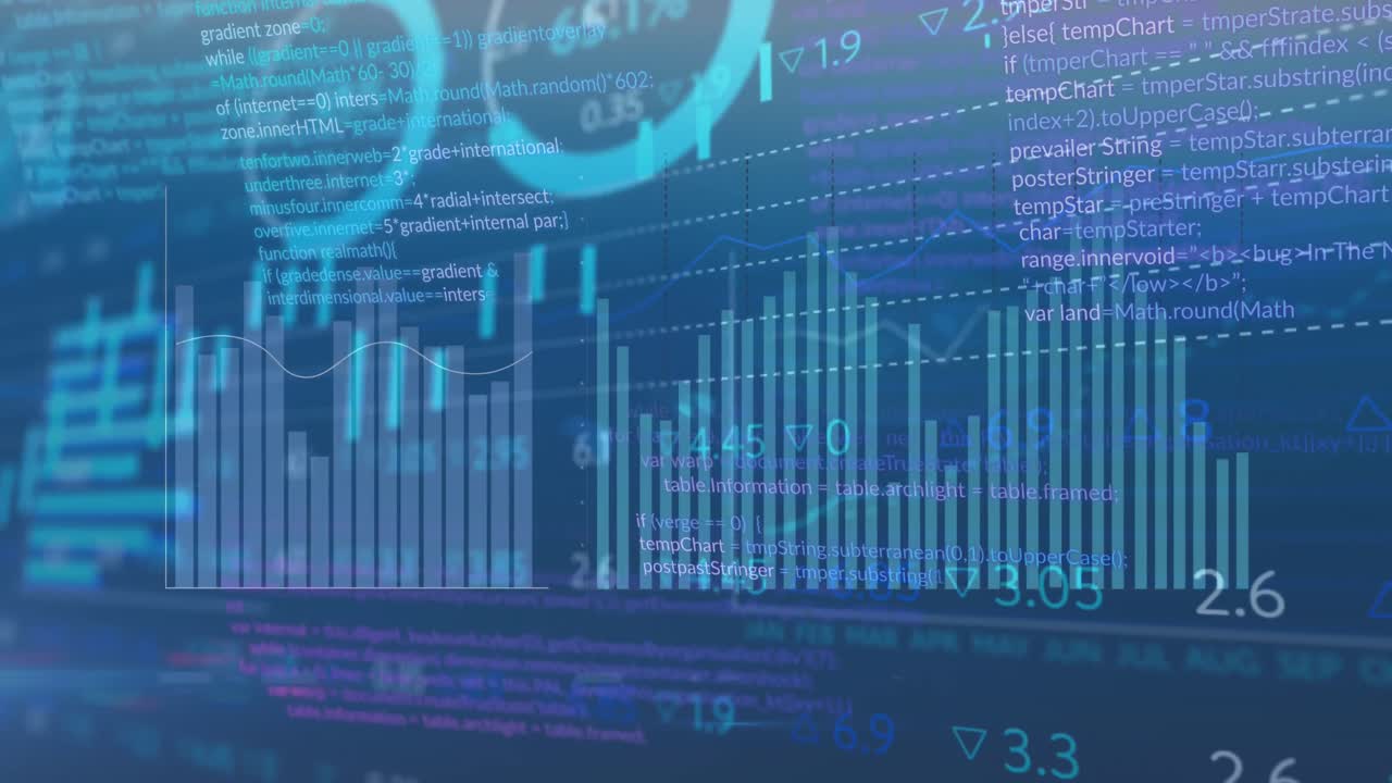 animación del procesamiento de datos estadísticos y del mercado de valores contra un fondo azul
