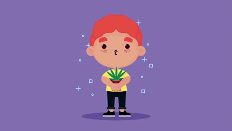 cute boy with a plant