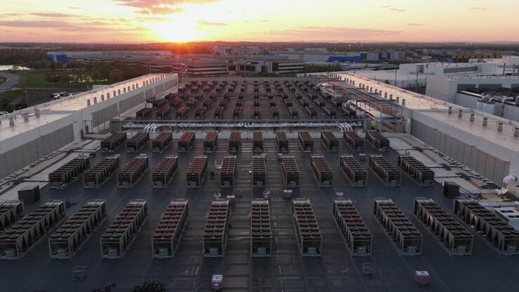 Luftfoto med drone af et moderne datacenterkompleks i Ashburn, Virginia, USA ved solnedgang, der viser kølesystemer på taget, teknologisk infrastruktur og et omfattende serverfacilitetskompleks.