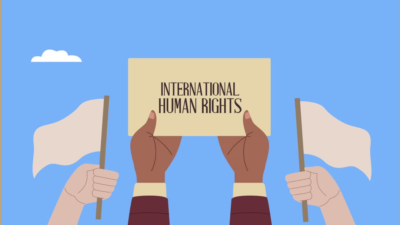 human rights lettering in banner and flags hands lifting