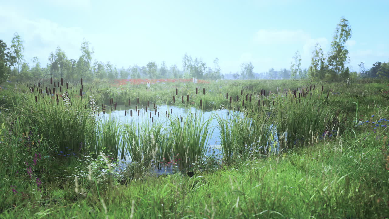 青空の下、鮮やかな植物が生い茂り、静かな水面が広がる穏やかな湿地の風景