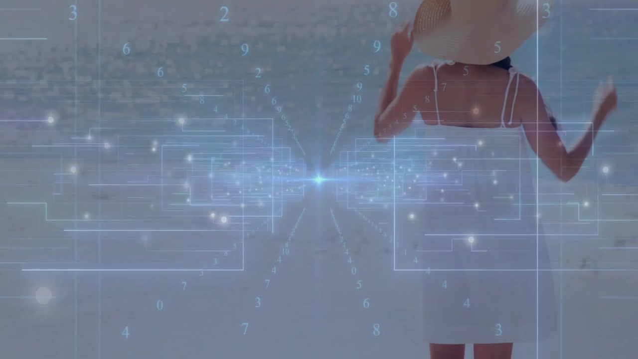 Single woman stepping into wet sand, activating holographic grid and numbers for beach analysis