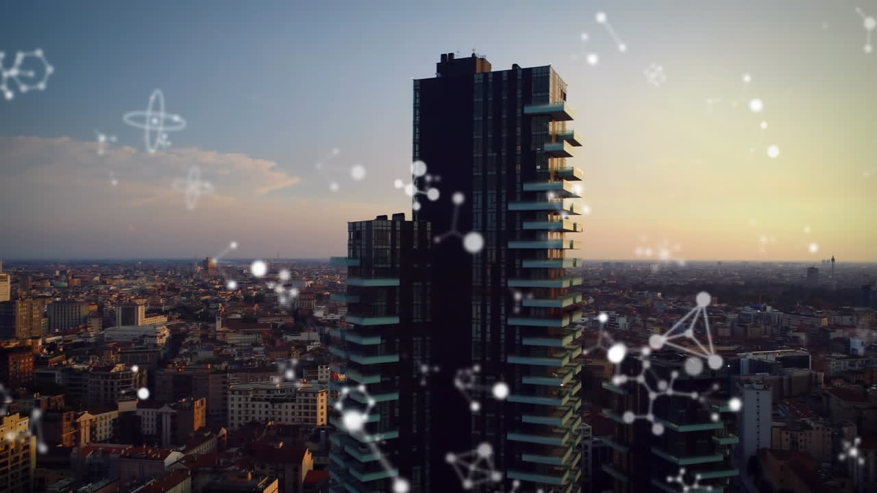 Animação de conexões se movendo sobre paisagem urbana moderna ao pôr do sol.