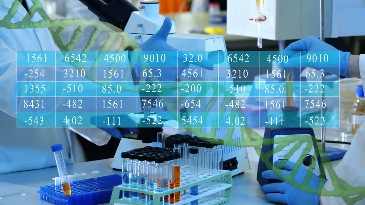animación del procesamiento de datos contra la sección media del equipo de científicos que trabajan en el laboratorio.