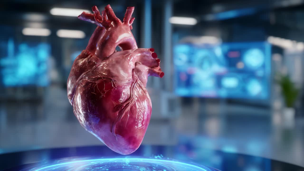 Anatomically accurate depiction of a human heart rendered in stunning detail, set against a modern medical background featuring advanced technology, representing the intricate biology and functionality of the cardiovascular system