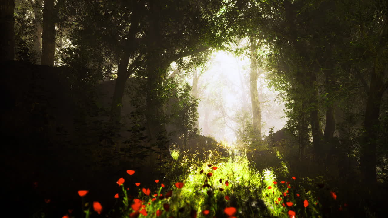 Enchanting forest pathway with wildflowers blooming under soft sunlight