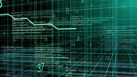 animation of graph and layers of data processing over 3d grid on black background