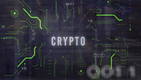 animation of crypto text and binary codes with circuit board pattern over data serve room