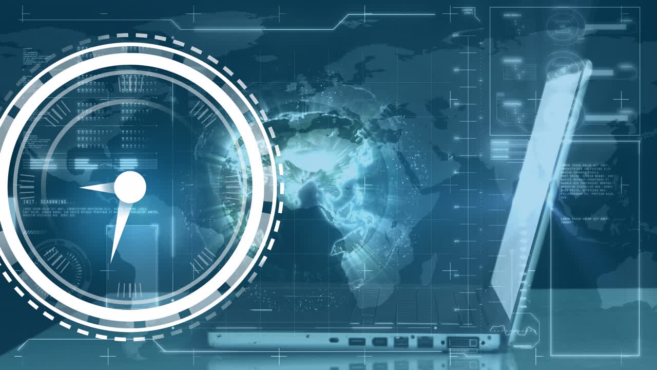 animación de reloj en movimiento y procesamiento de datos sobre empresario caucásico usando computadora portátil y mapa del mundo