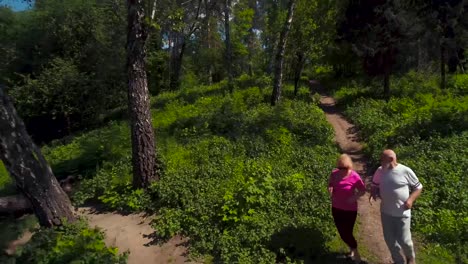 senior man running with his wife in summer park in the morning