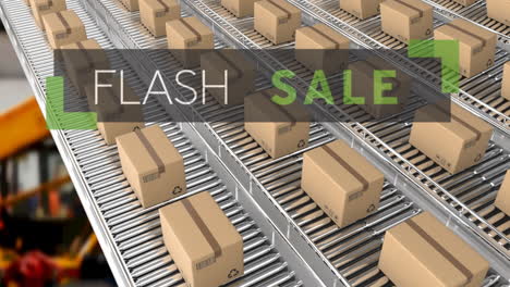 animation of flash sale text over cardboard boxes on conveyor belts in warehouse