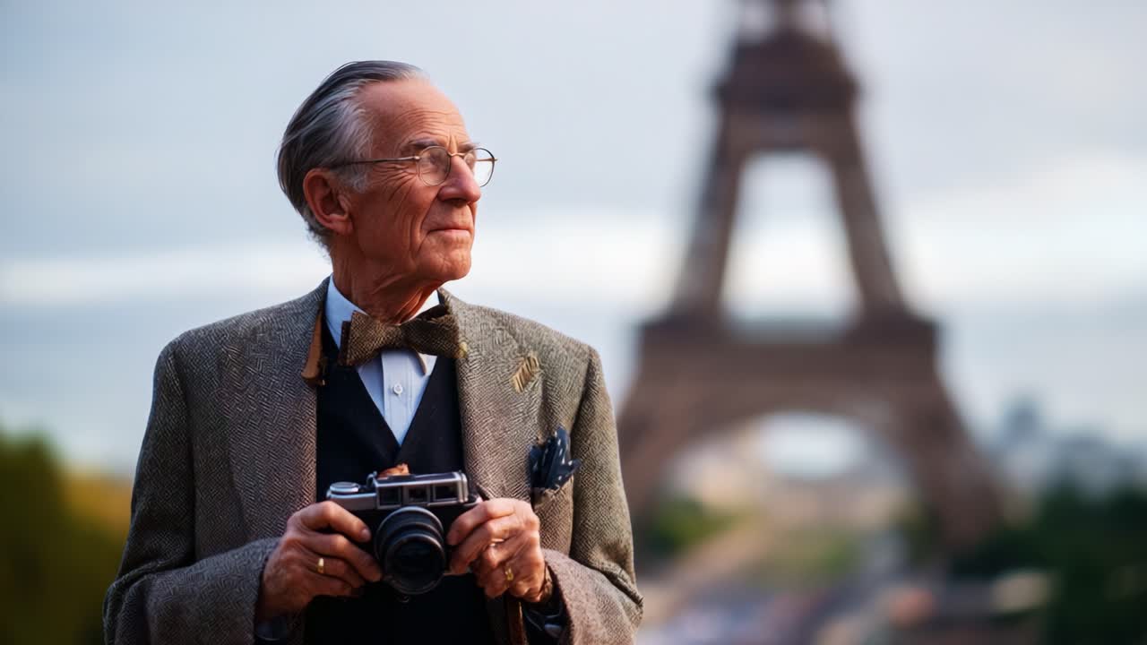 An Elderly Photographer Gaze at the Eiffel Tower: Capturing Moments of Beauty and Reflection in the Heart of Paris, a Timeless Journey of Art and Emotion