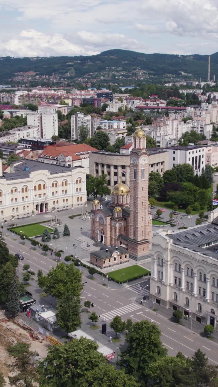 Aerial view of the magnificent Christ the Savior Orthodox Cathedral, a prominent landmark in Banja Luka, Bosnia and Herzegovina. Vertical Video