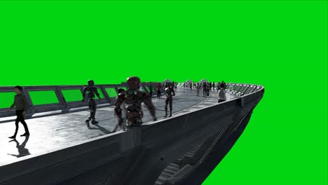 gente y robots. sci fi tonnel. tráfico futurista. concepto del futuro. imágenes de pantalla verde. animación realista en 4k.