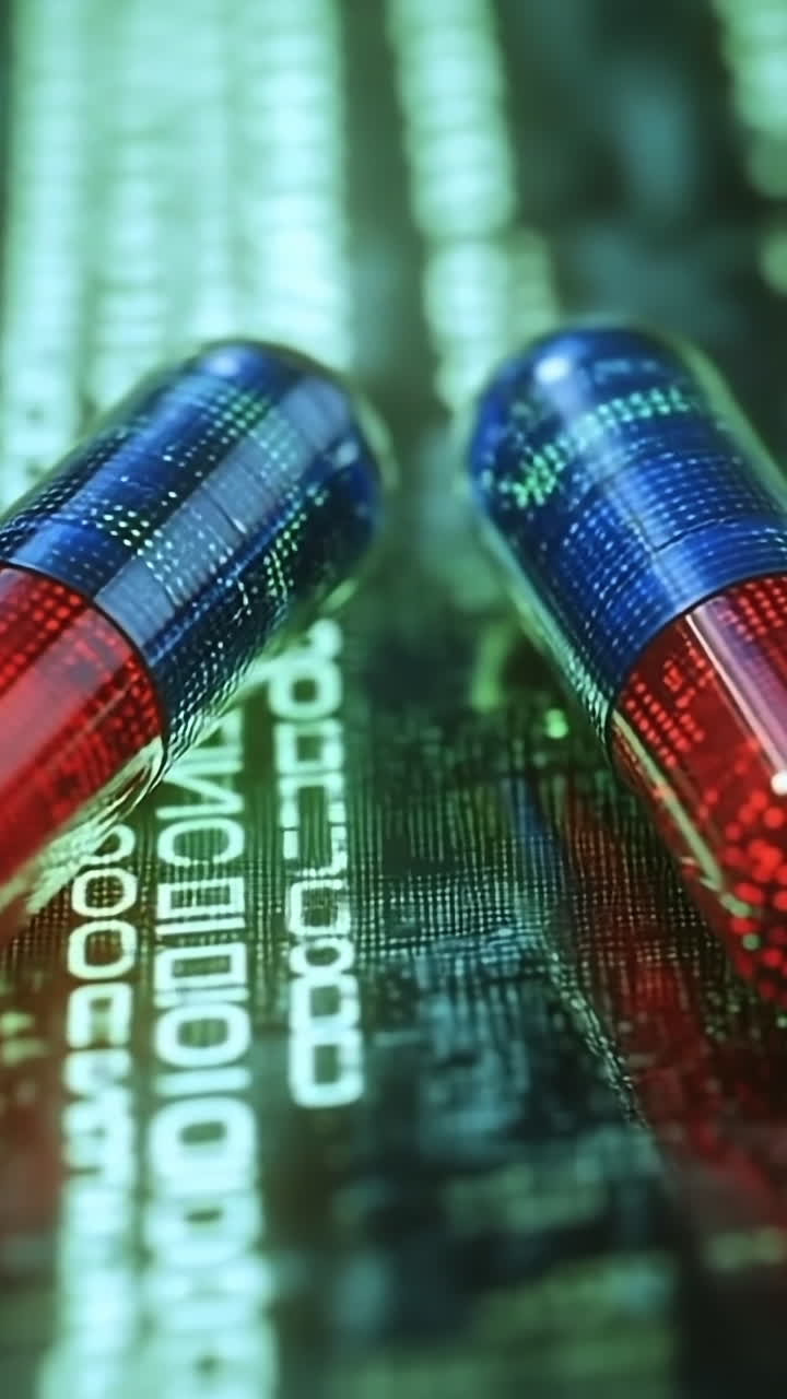 Digital medication visuals. Capsules with digital designs rest on a screen showing binary code, symbolizing tech in health innovation.