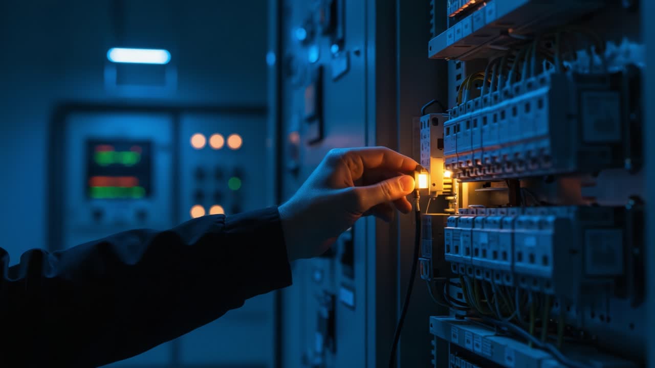 A technician carefully adjusts a control panel in a dimly lit room, focusing on the intricacies of electrical systems and machinery, ensuring everything runs smoothly and efficiently