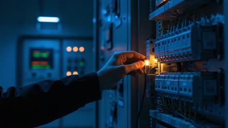 a technician carefully adjusts a control panel in a dimly lit room, focusing on the intricacies of electrical systems and machinery, ensuring everything runs smoothly and efficiently
