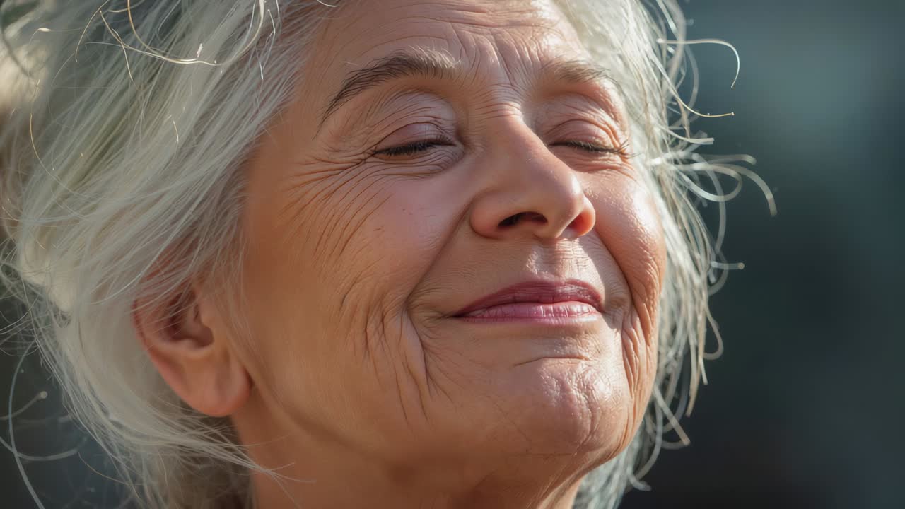 Smiling senior woman lifting chin toward sunlight, breathing in warm garden breeze with wispy hair