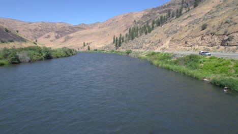 low flying drone view of yakima river at yakima river canyon, central washington